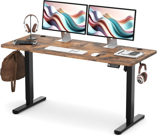 55" Electric Standing Desk,Height Adjustable Home Office Sit Stand up Computer PC Table,Tall Standup Workstation, Gaming, Writing, Study,Bedroom Rising Desks with Two-Piece Desktop,Brown